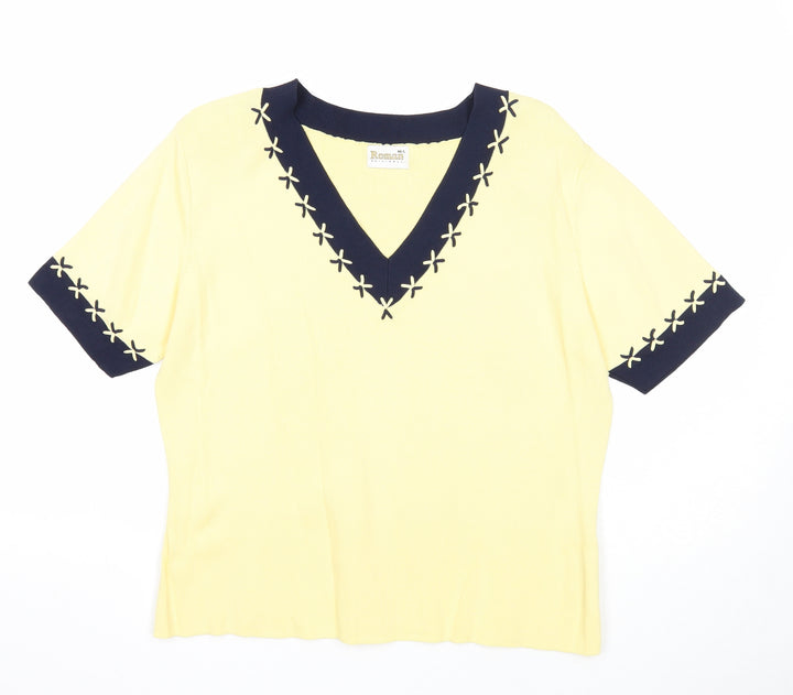 Roman Womens Yellow Viscose Basic T-Shirt Size M V-Neck