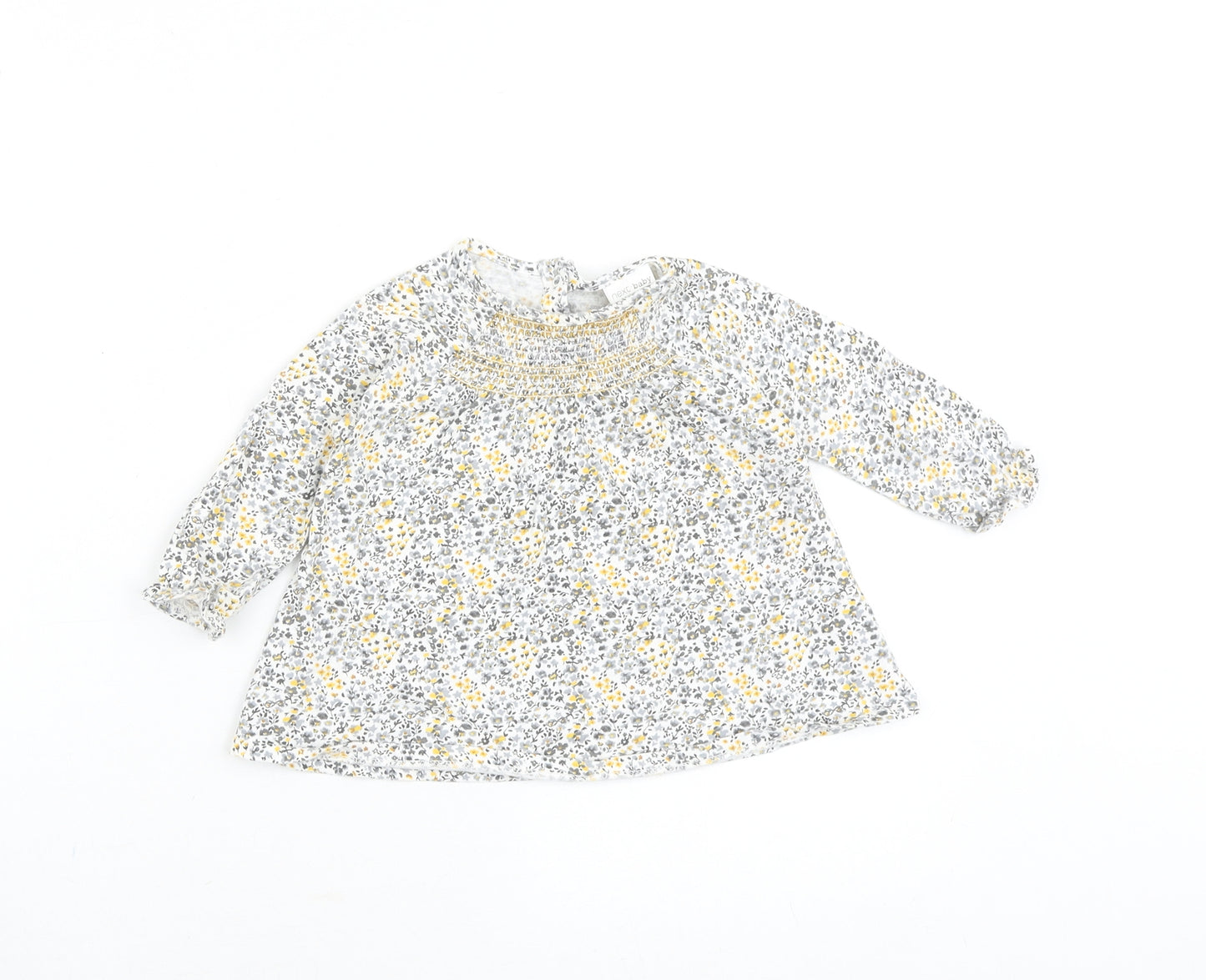 NEXT Baby Grey Floral 100% Cotton Basic Blouse Size 9-12 Months Round Neck Snap