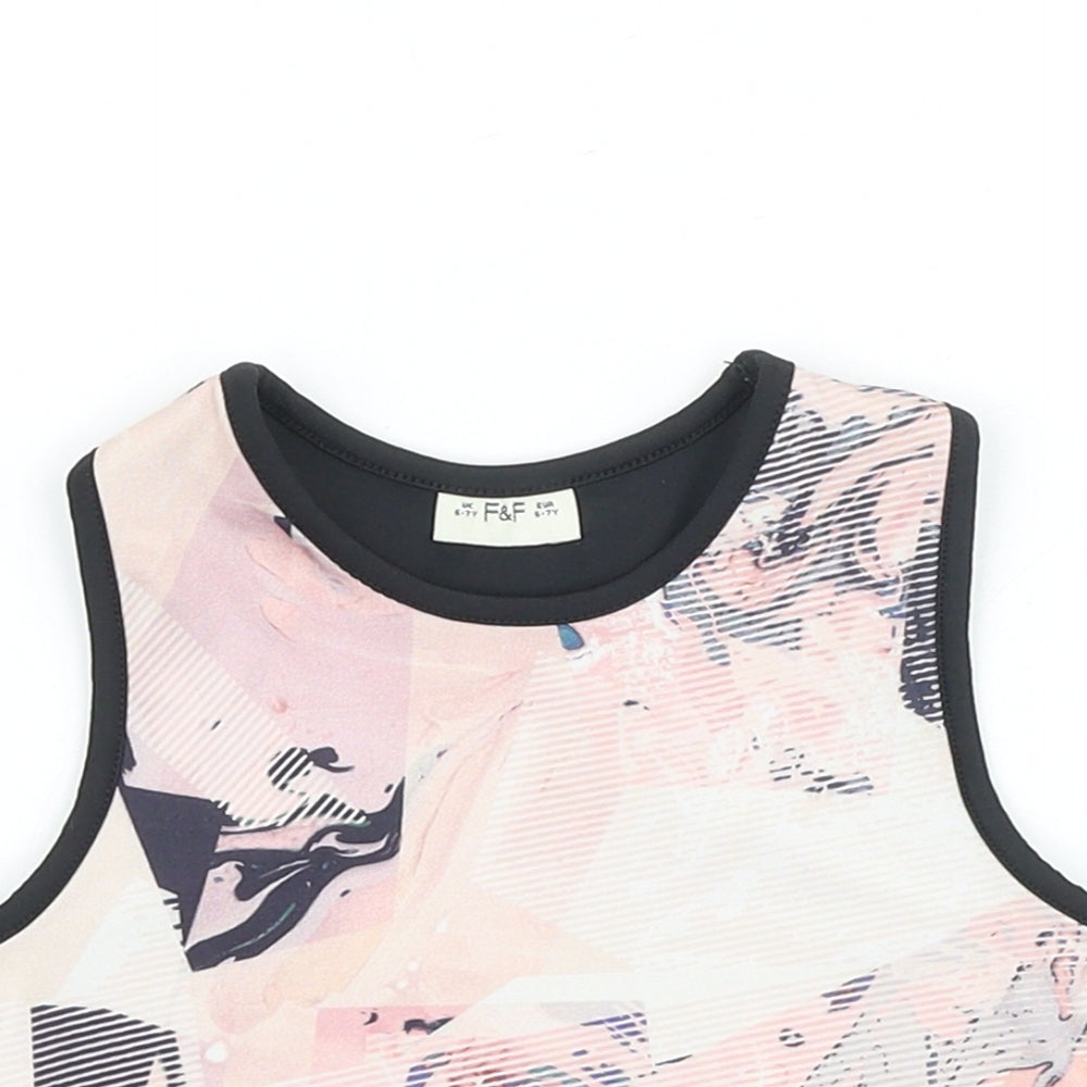 F&F Girls Black Geometric Polyester Cropped Tank Size 6-7 Years Round Neck Pullover