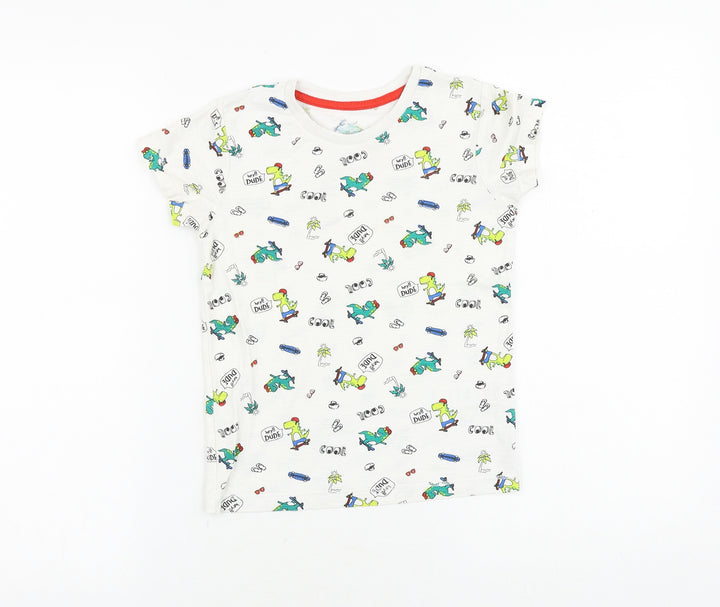 Matalan Boys White Geometric 100% Cotton Basic T-Shirt Size 5-6 Years Round Neck Pullover - Dinosaur