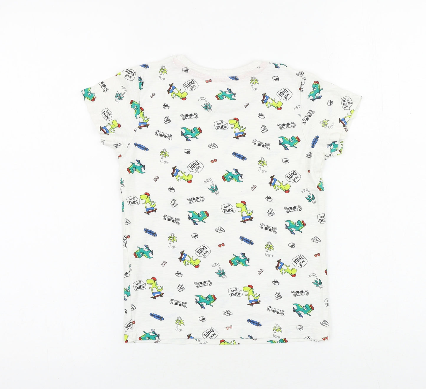 Matalan Boys White Geometric 100% Cotton Basic T-Shirt Size 5-6 Years Round Neck Pullover - Dinosaur