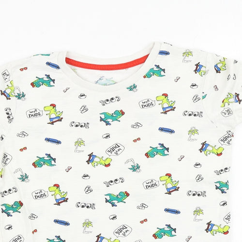 Matalan Boys White Geometric 100% Cotton Basic T-Shirt Size 5-6 Years Round Neck Pullover - Dinosaur