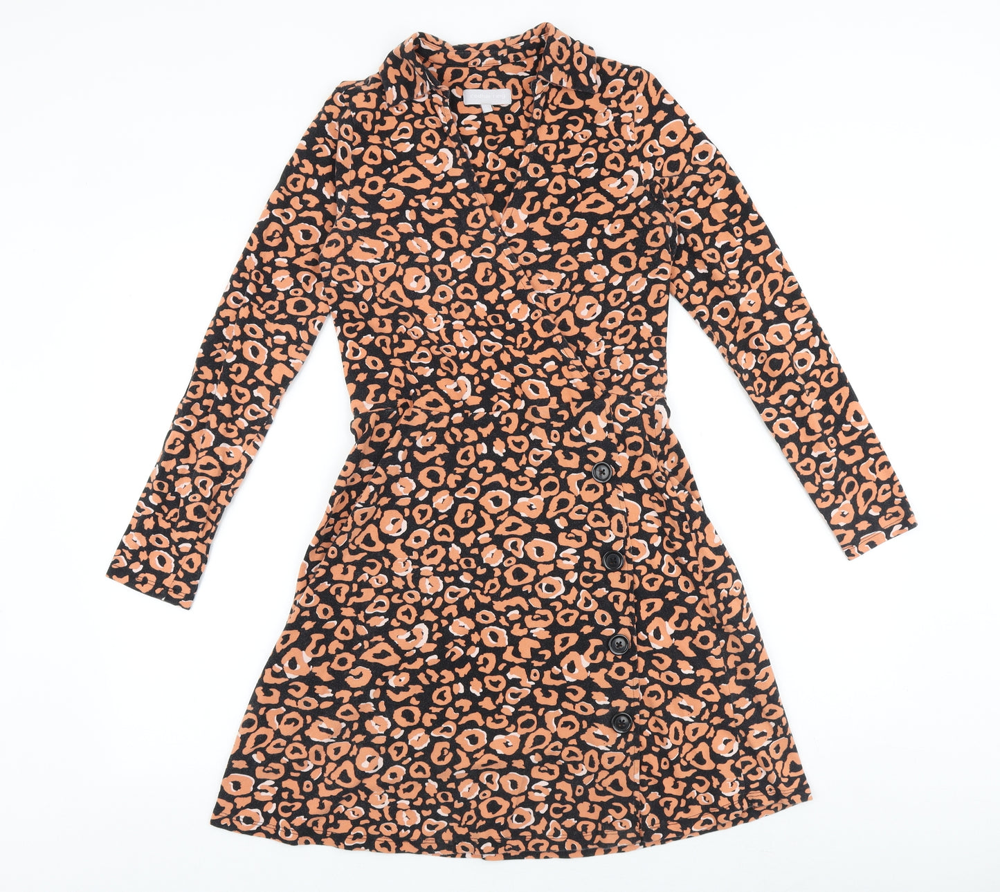 Debenhams Womens Black Animal Print Cotton Fit & Flare Size 12 V-Neck Pullover - Leopard Pattern