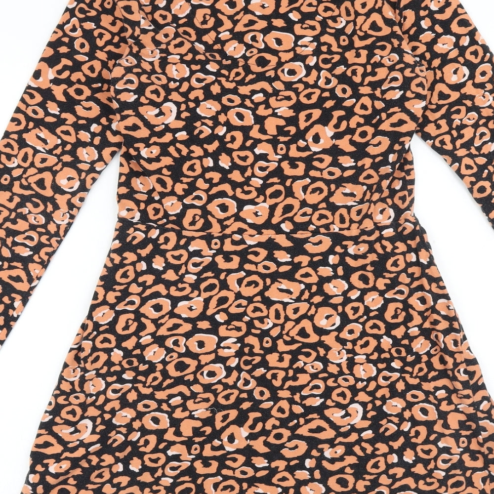 Debenhams Womens Black Animal Print Cotton Fit & Flare Size 12 V-Neck Pullover - Leopard Pattern