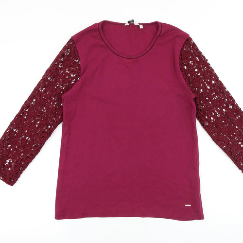 Country Casuals Womens Pink Cotton Basic T-Shirt Size M Round Neck - Lace Sleeves