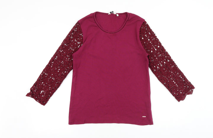 Country Casuals Womens Pink Cotton Basic T-Shirt Size M Round Neck - Lace Sleeves