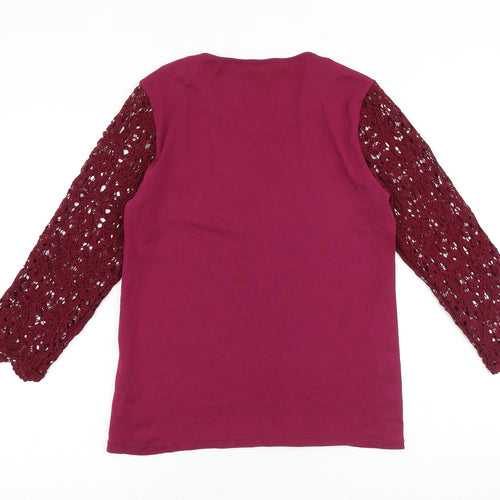 Country Casuals Womens Pink Cotton Basic T-Shirt Size M Round Neck - Lace Sleeves