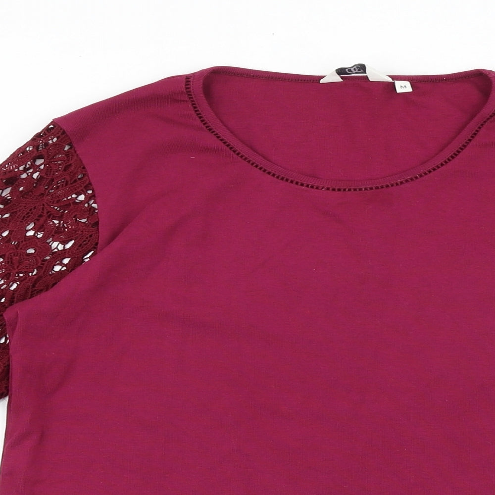 Country Casuals Womens Pink Cotton Basic T-Shirt Size M Round Neck - Lace Sleeves