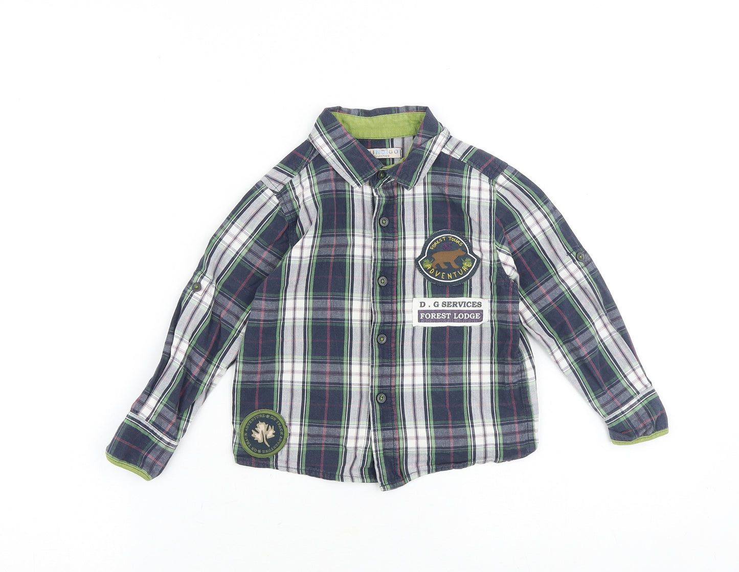 Marks and Spencer Boys Blue Plaid 100% Cotton Basic Button-Up Size 2-3 Years Collared Drawstring - Forest Adventure