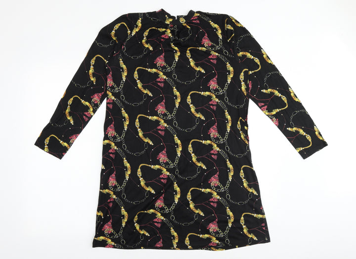 PEP&CO Womens Black Geometric Polyester A-Line Size 10 Round Neck Button