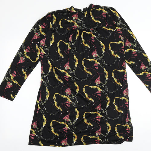 PEP&CO Womens Black Geometric Polyester A-Line Size 10 Round Neck Button