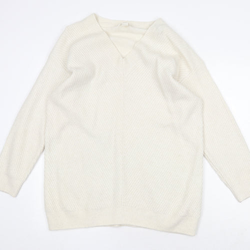 H&M Womens White V-Neck Acrylic Pullover Jumper Size M