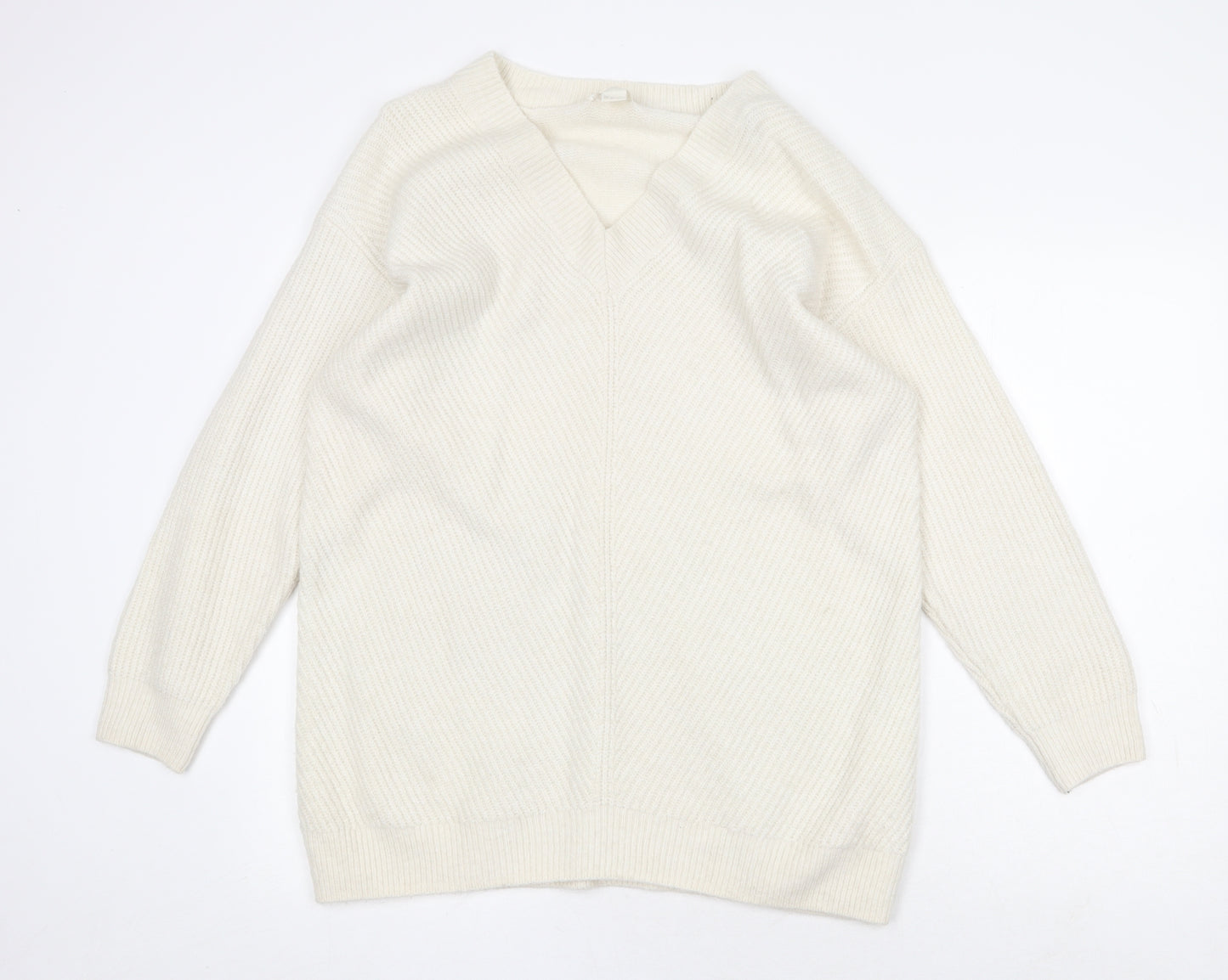 H&M Womens White V-Neck Acrylic Pullover Jumper Size M