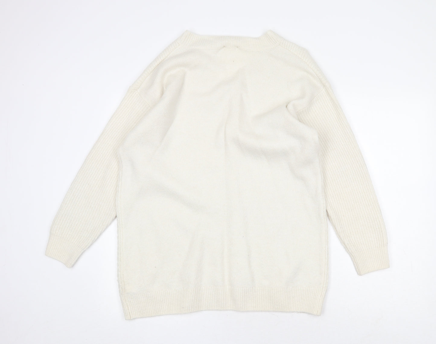 H&M Womens White V-Neck Acrylic Pullover Jumper Size M