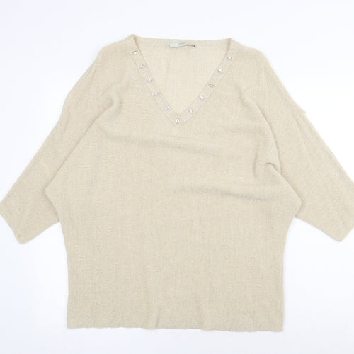 George Womens Gold V-Neck Acrylic Pullover Jumper Size L - Split Sleeve