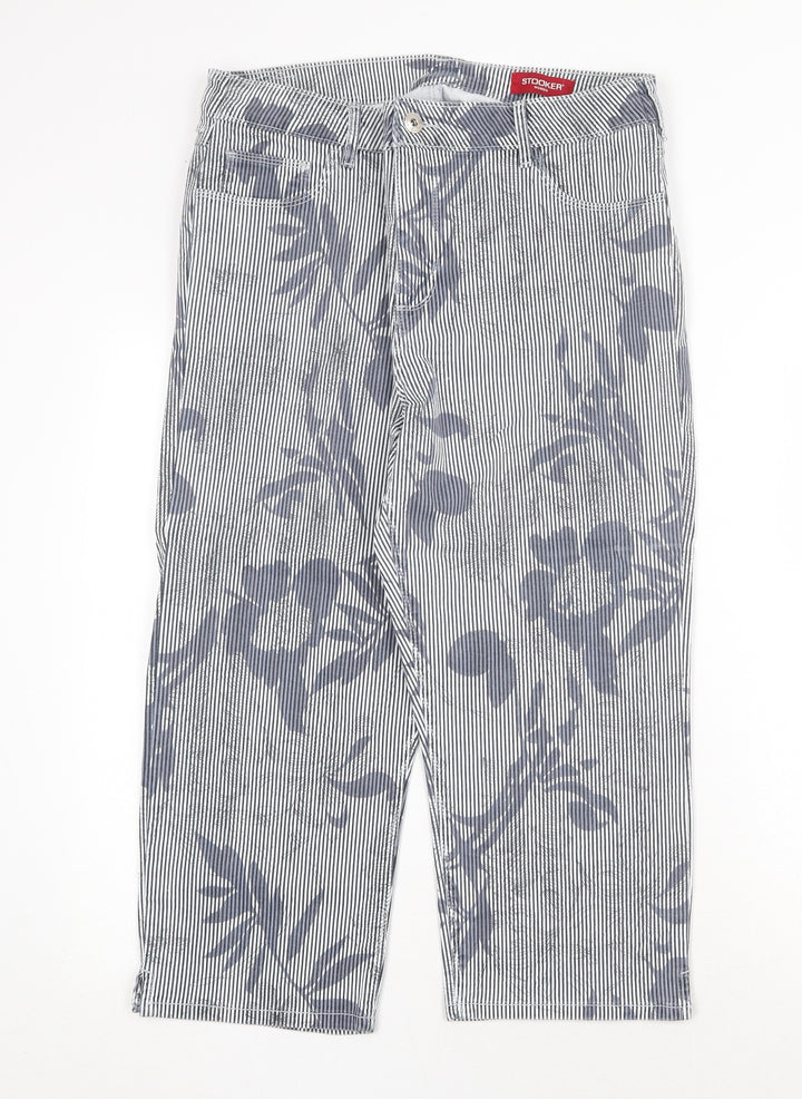 Stooker Womens Blue Striped Cotton Trousers Size 34 in Regular Zip - Flower Pattern