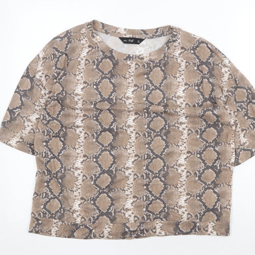 F&F Womens Brown Animal Print Polyester Basic T-Shirt Size 8 Scoop Neck - Snake Skin Print
