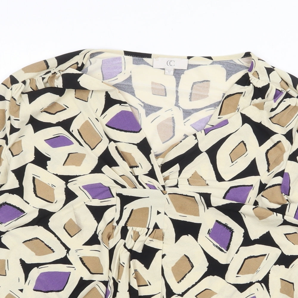 CC Womens Beige Geometric Polyester Basic Blouse Size M V-Neck