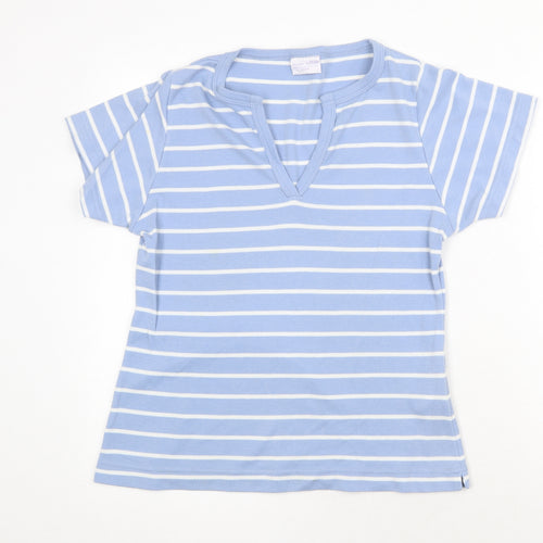 Noureau Edition Womens Blue Striped Polyester Basic T-Shirt Size L V-Neck