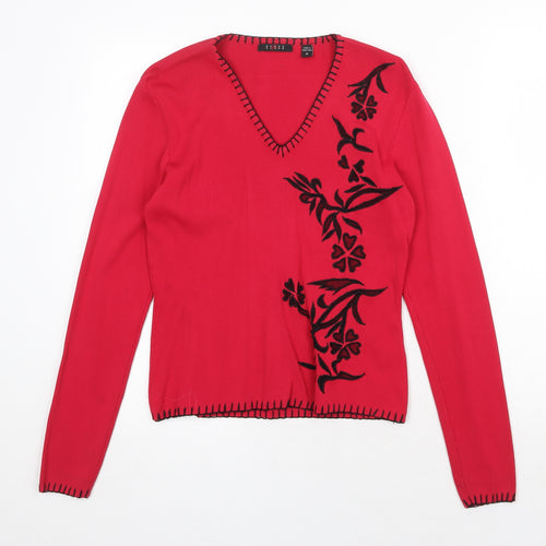 Cyrus Womens Red Floral Nylon Basic Blouse Size M V-Neck