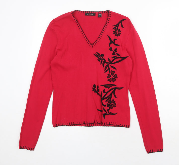 Cyrus Womens Red Floral Nylon Basic Blouse Size M V-Neck