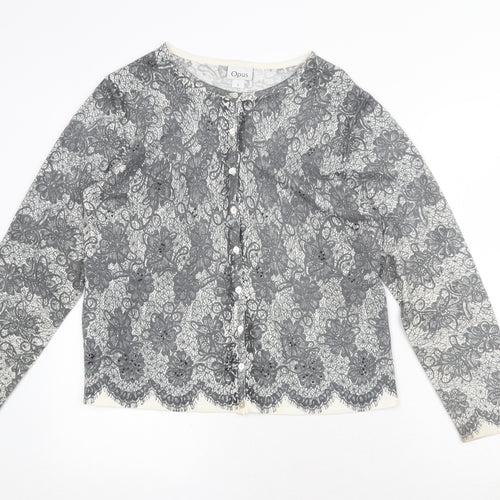 OPUS Womens Grey Round Neck Geometric Acrylic Cardigan Jumper Size L