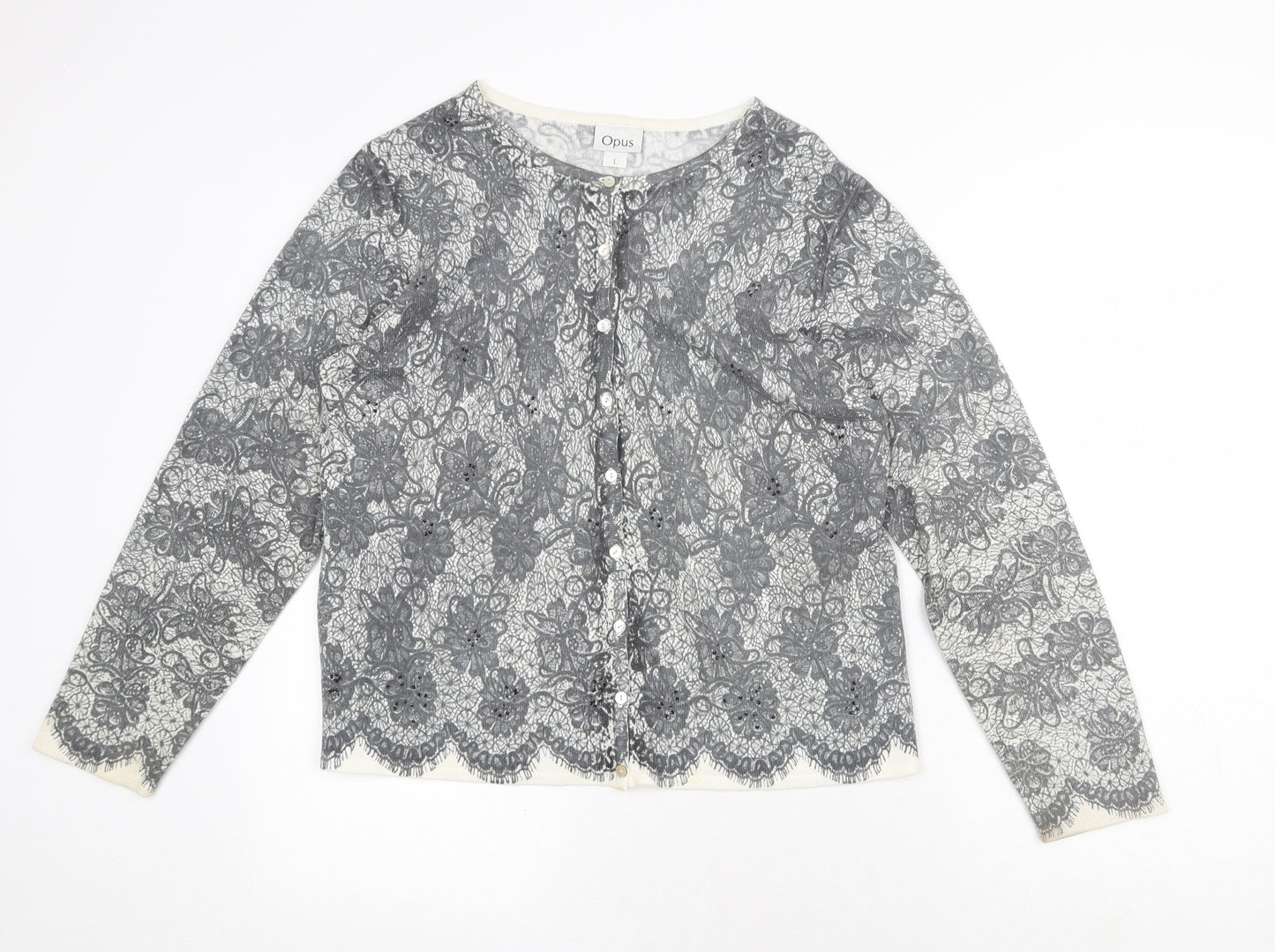 OPUS Womens Grey Round Neck Geometric Acrylic Cardigan Jumper Size L