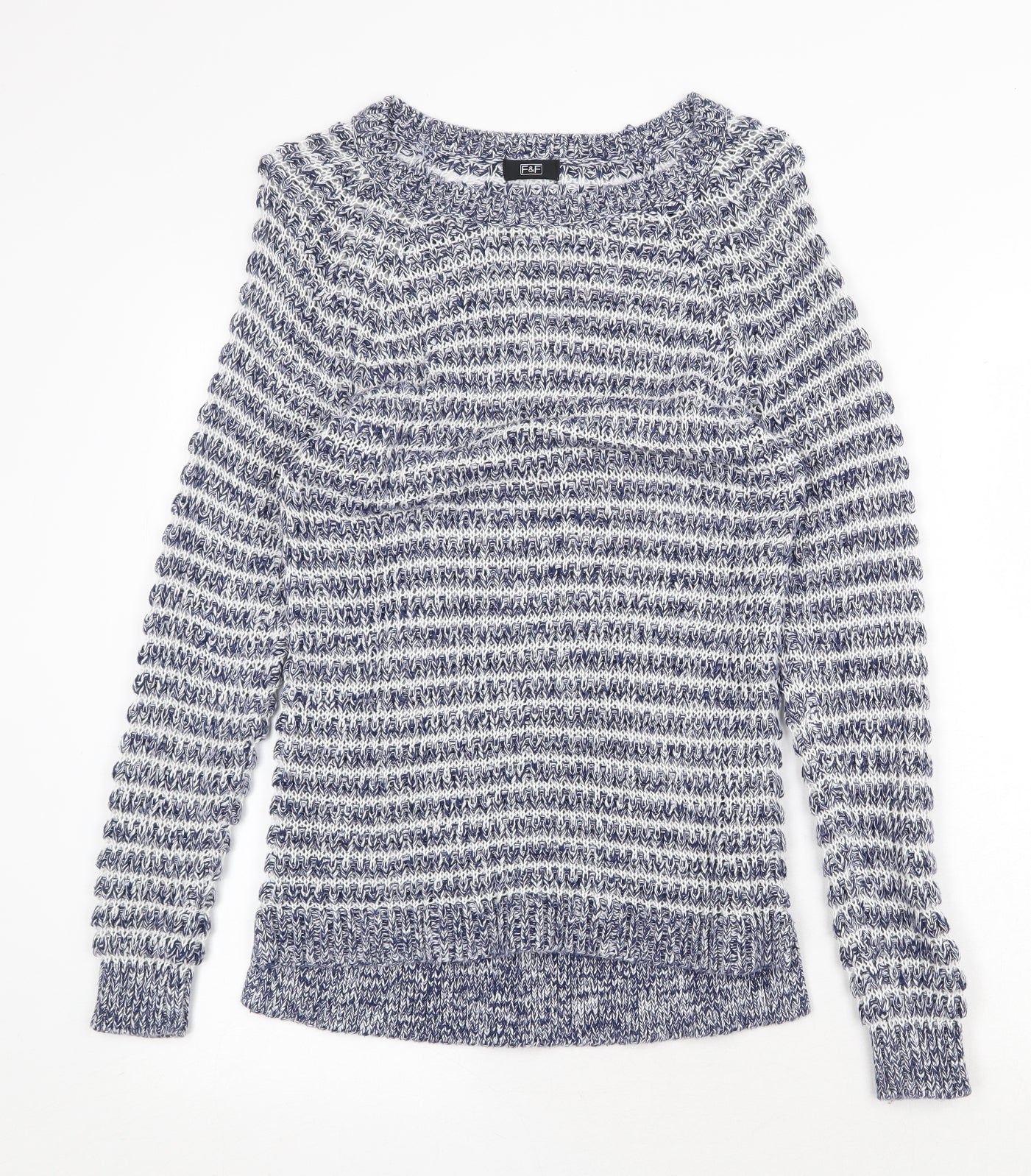 F&F Womens Blue Round Neck Striped Cotton Pullover Jumper Size 14