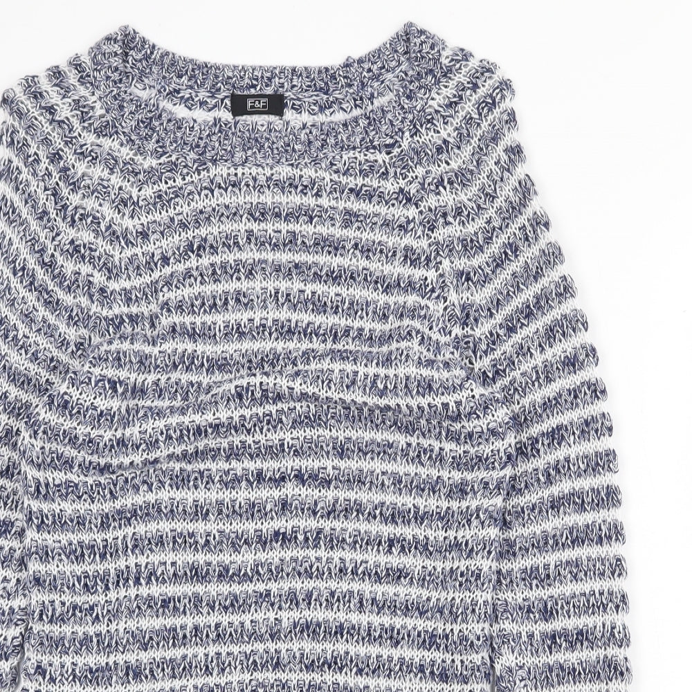 F&F Womens Blue Round Neck Striped Cotton Pullover Jumper Size 14