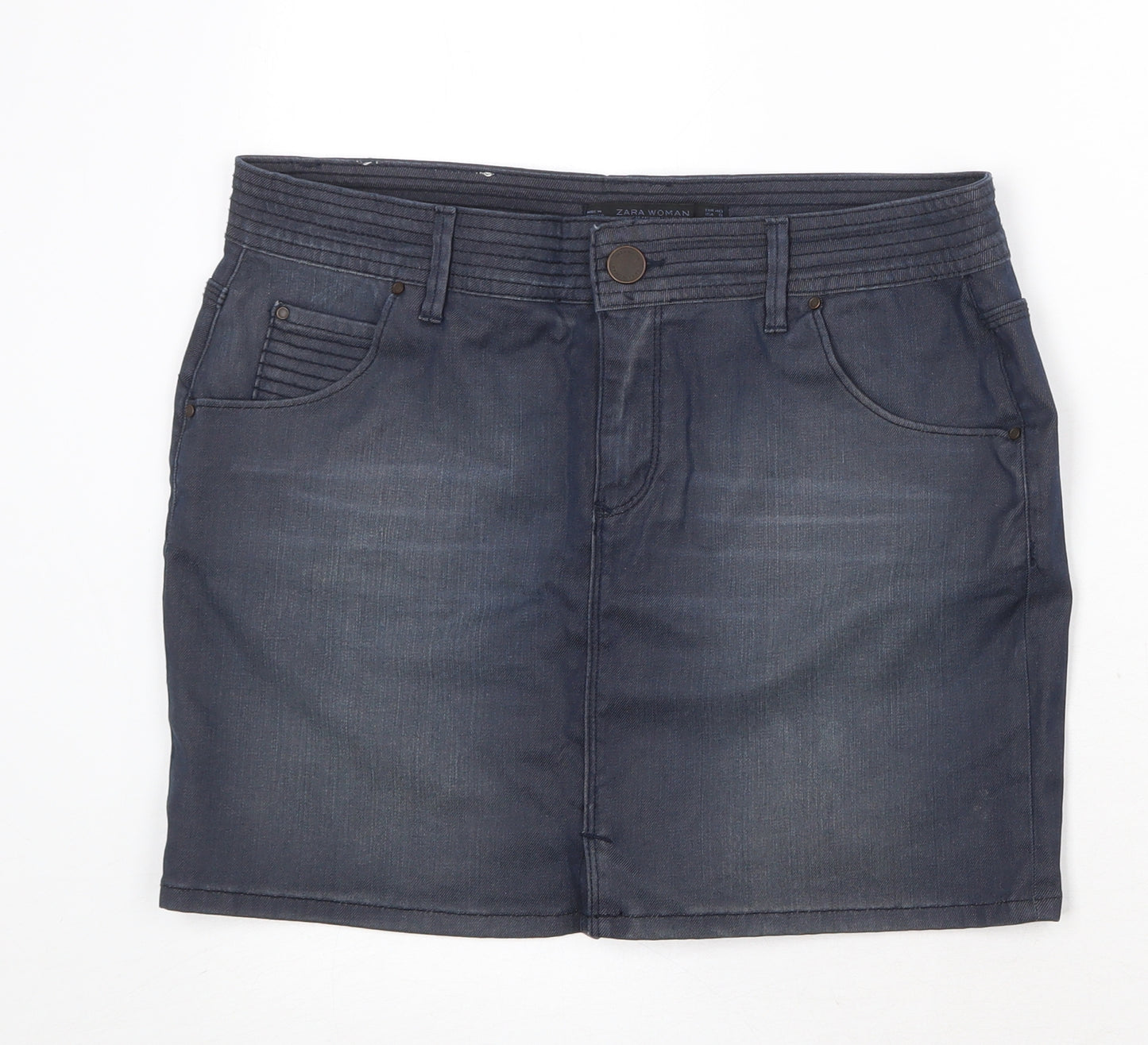 Zara Womens Blue Cotton A-Line Skirt Size 12 Zip