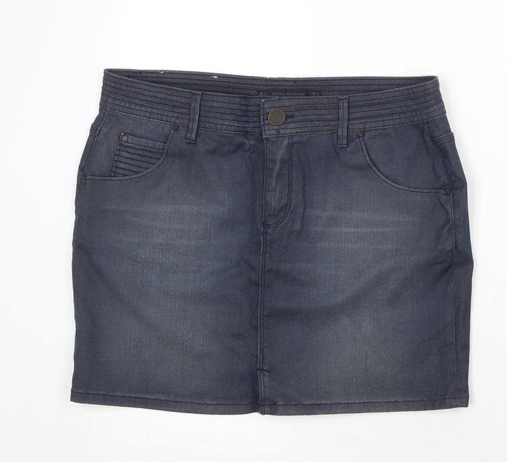 Zara Womens Blue Cotton A-Line Skirt Size 12 Zip