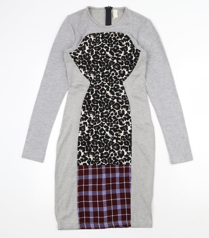 ASOS Womens Grey Geometric Polyester Jumper Dress Size 8 Round Neck Zip