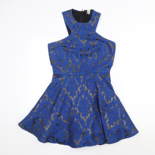 AX Paris Womens Blue Geometric Wool Skater Dress Size 8 Round Neck Zip