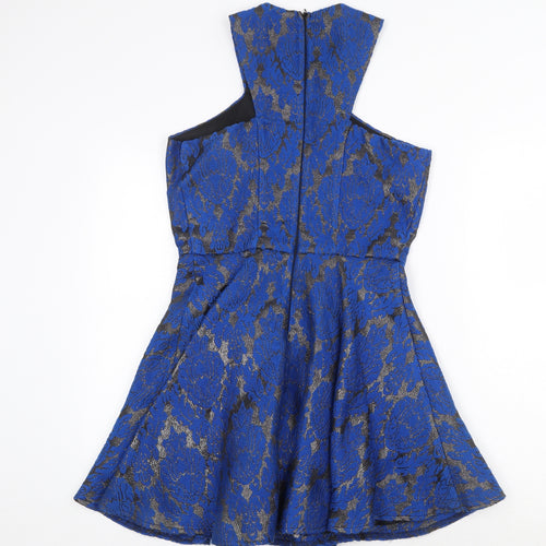 AX Paris Womens Blue Geometric Wool Skater Dress Size 8 Round Neck Zip