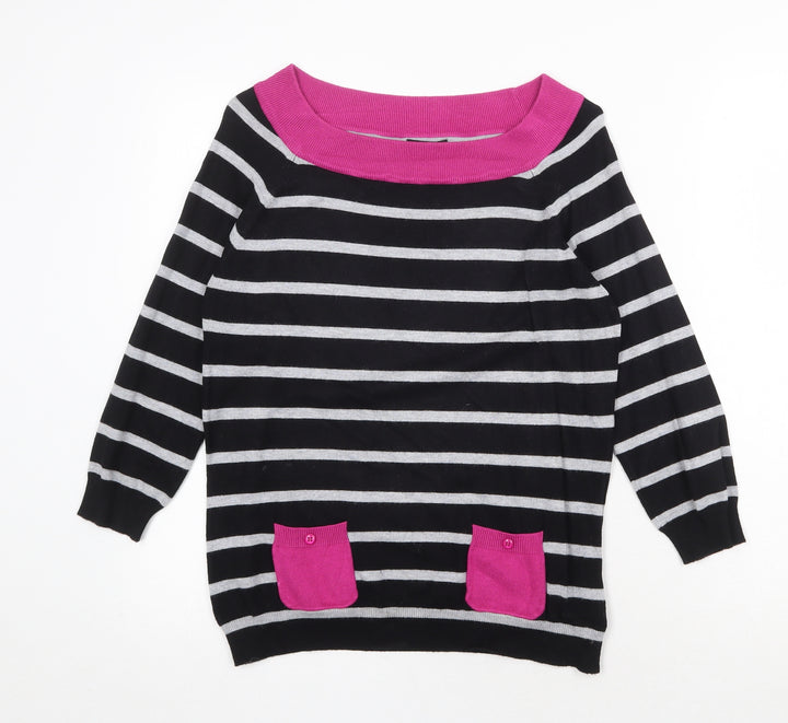 M&Co Womens Black Boat Neck Striped Viscose Pullover Jumper Size 12