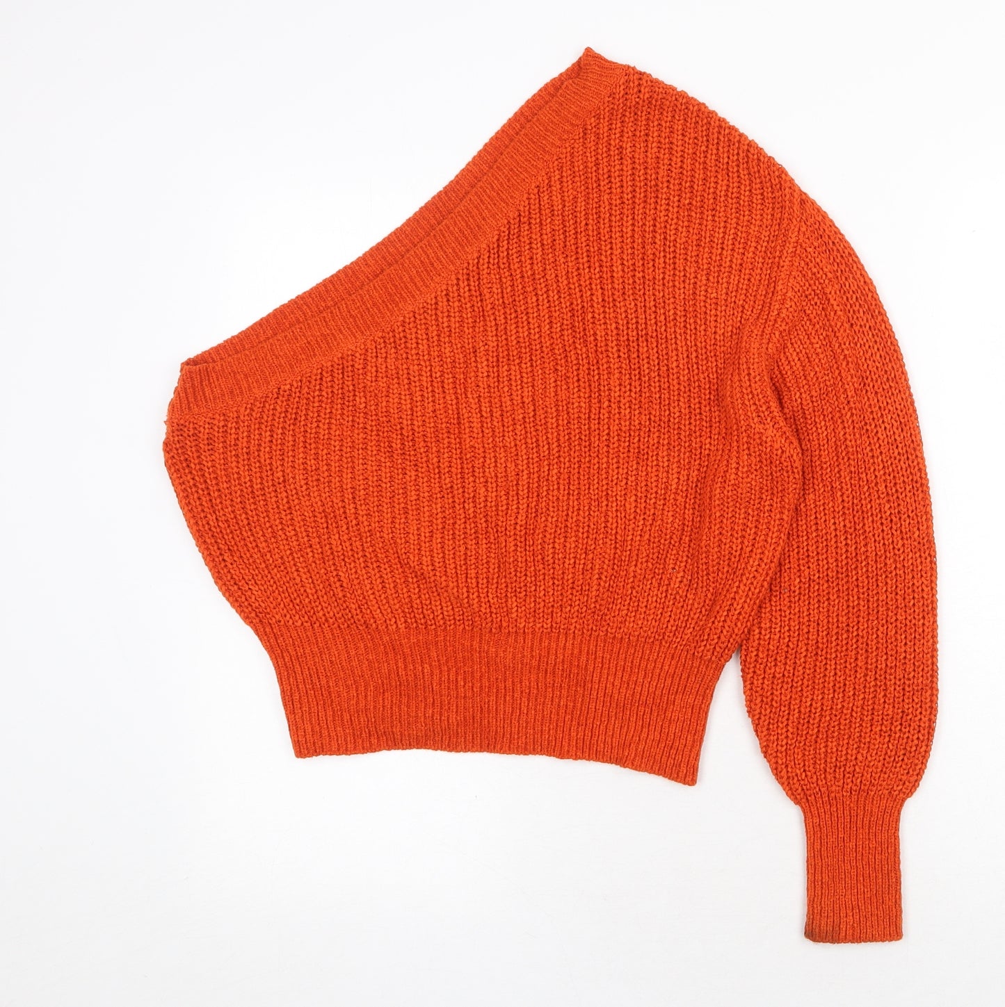 Zara Womens Orange V-Neck Acrylic Pullover Jumper Size S - One Shoulder