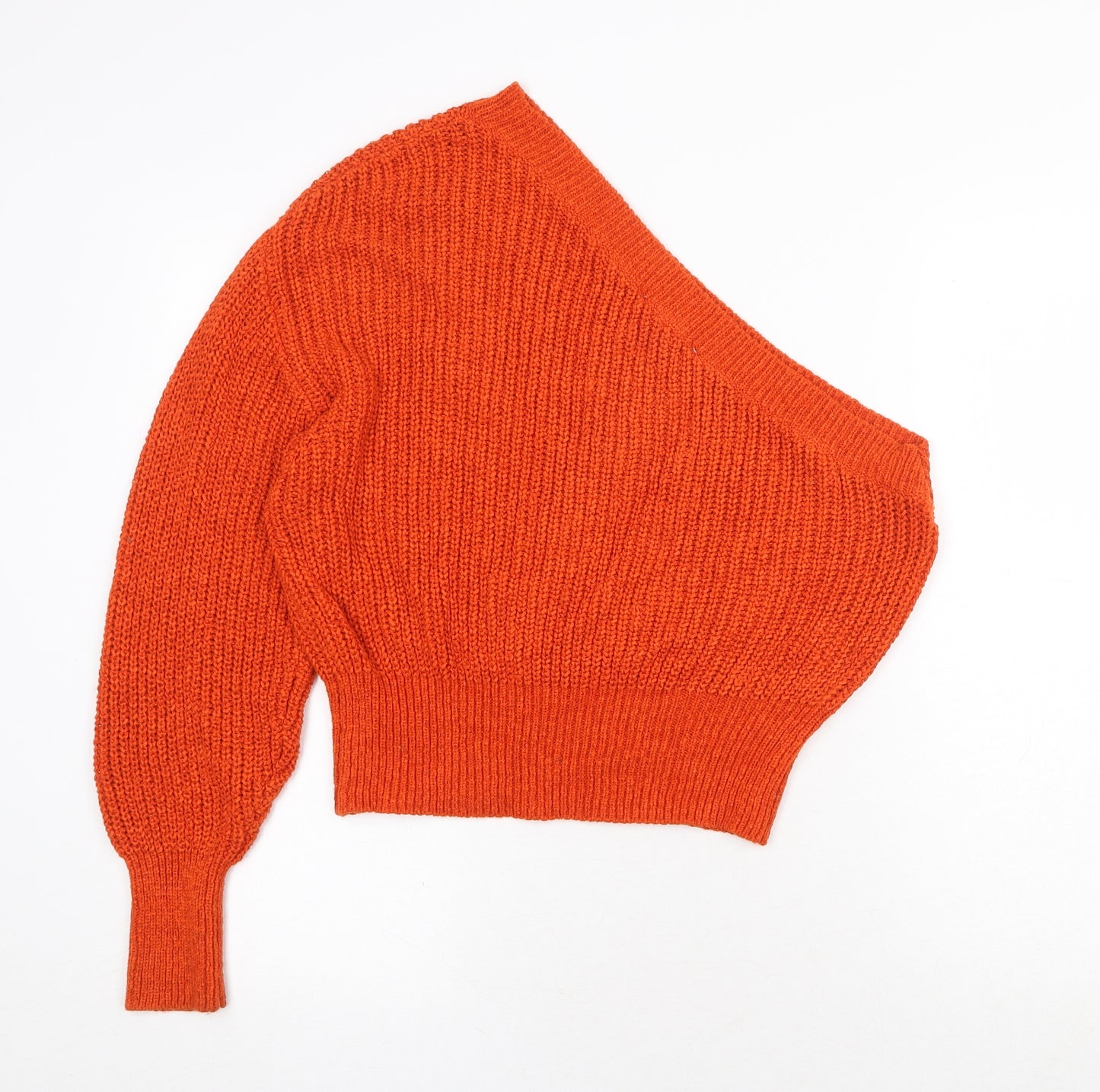 Zara Womens Orange V-Neck Acrylic Pullover Jumper Size S - One Shoulder