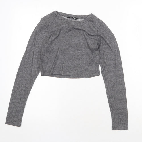 Select Womens Grey Polyester Cropped T-Shirt Size 8 Round Neck