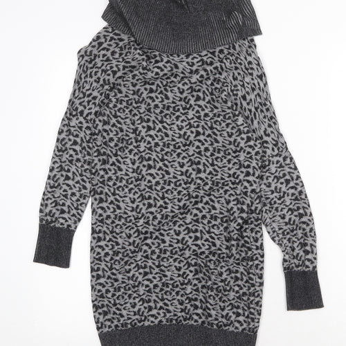 Oasis Womens Grey Animal Print Viscose Jumper Dress Size XS Roll Neck Pullover - Leopard Pattern