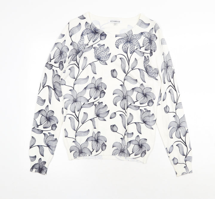 Annabelle Womens White Scoop Neck Floral Viscose Pullover Jumper Size S