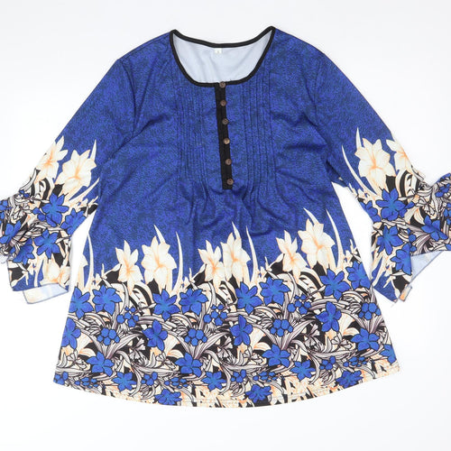 Preworn Womens Blue Floral Polyester A-Line Size L Round Neck Button
