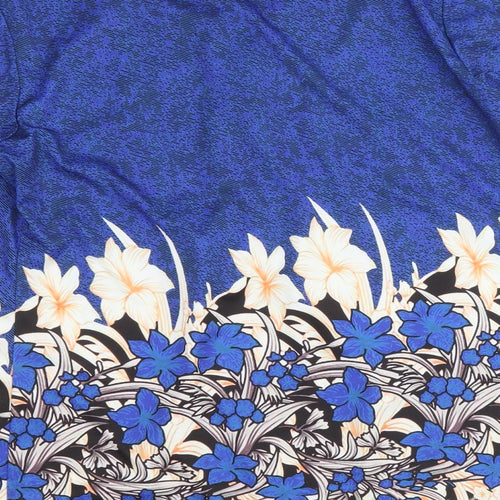 Preworn Womens Blue Floral Polyester A-Line Size L Round Neck Button