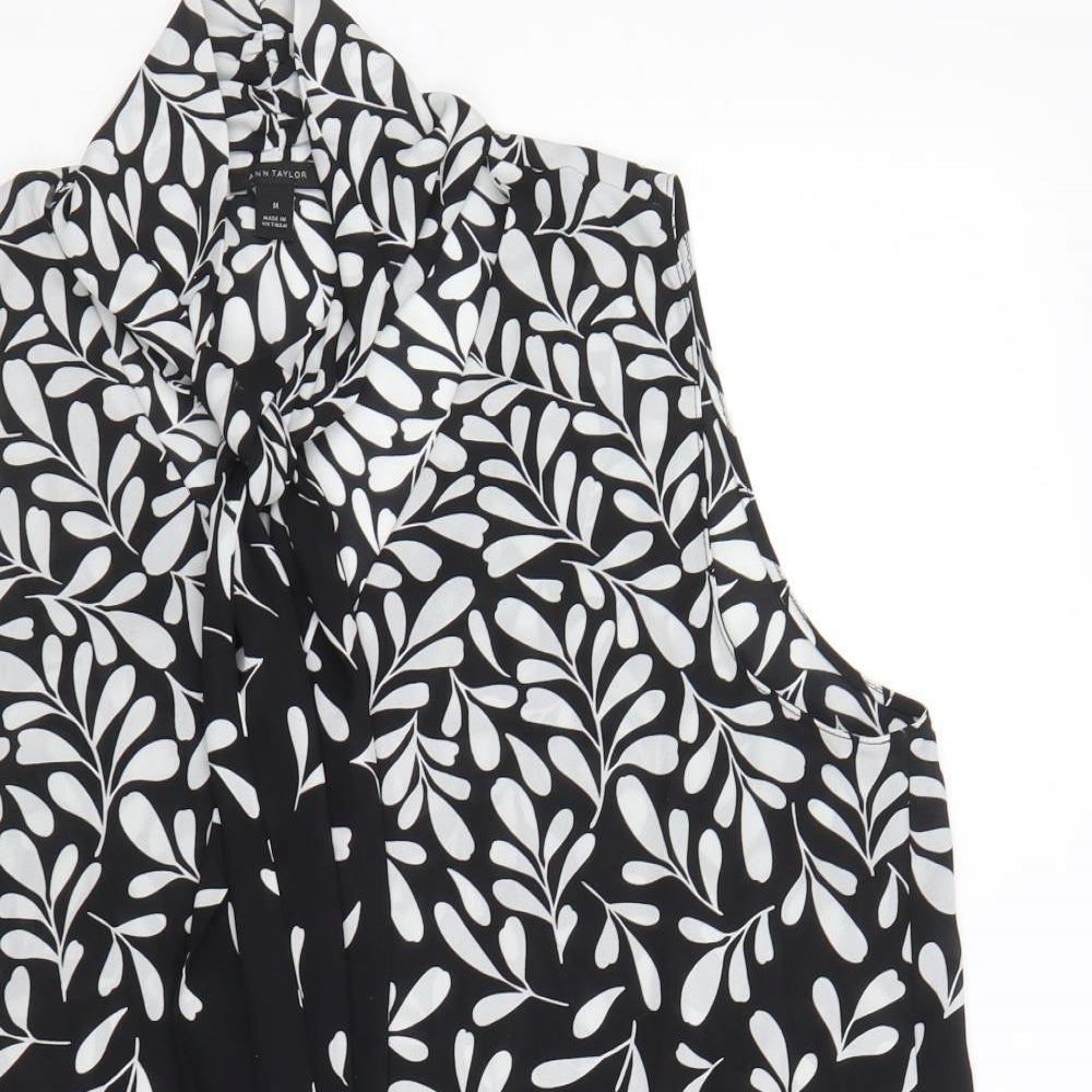 Ann Taylor Womens Black Geometric Polyester Basic Blouse Size M Round Neck - Pussy Bow Neck