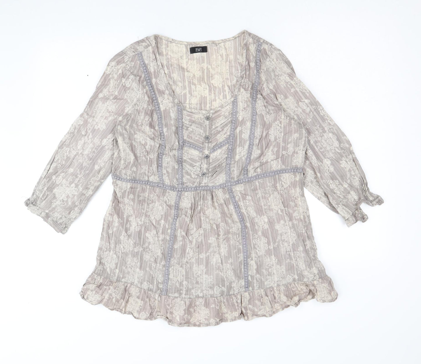 F&F Womens Grey Floral 100% Cotton Basic Blouse Size 14 Scoop Neck