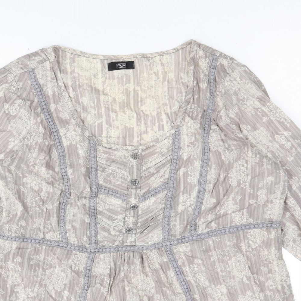 F&F Womens Grey Floral 100% Cotton Basic Blouse Size 14 Scoop Neck