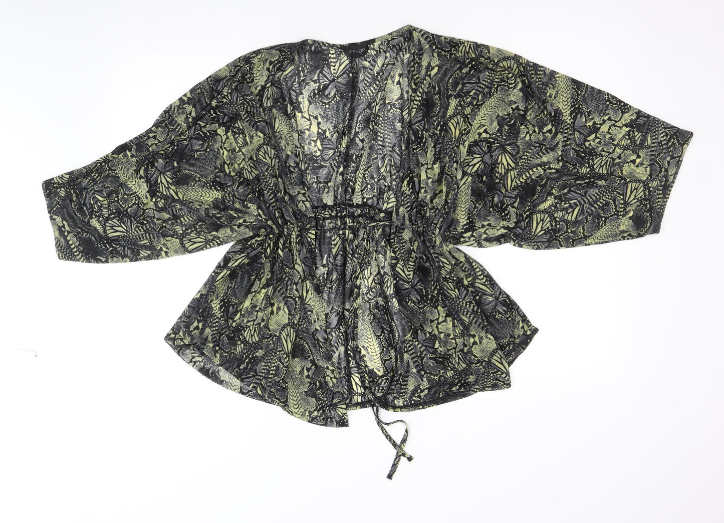 Topshop Womens Black Animal Print Polyester Kimono Blouse Size 8 V-Neck - Butterfly
