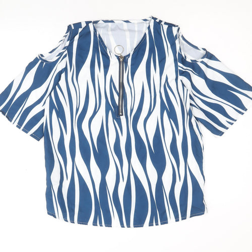 Preworn Womens Blue Geometric Polyester Basic T-Shirt Size S V-Neck - Cold Shoulder