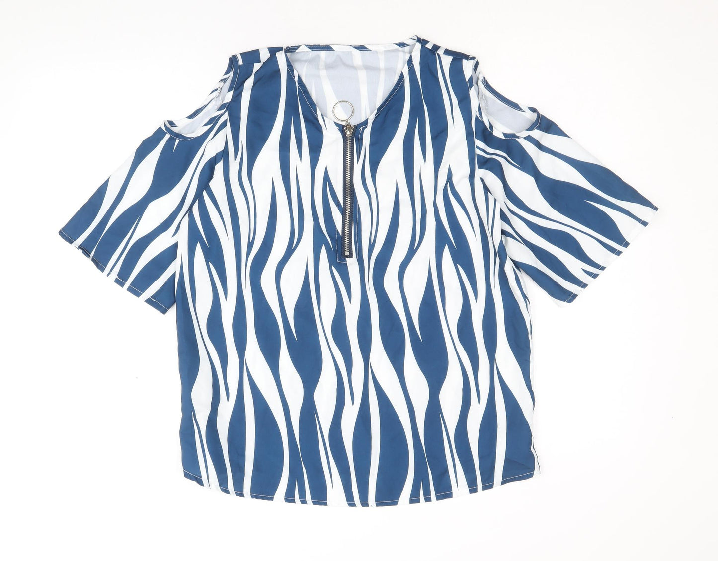 Preworn Womens Blue Geometric Polyester Basic T-Shirt Size S V-Neck - Cold Shoulder