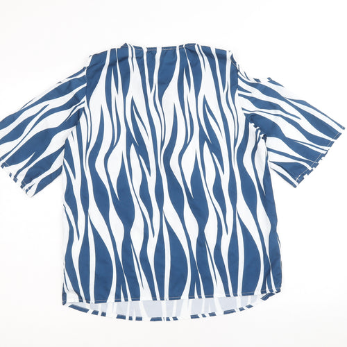 Preworn Womens Blue Geometric Polyester Basic T-Shirt Size S V-Neck - Cold Shoulder
