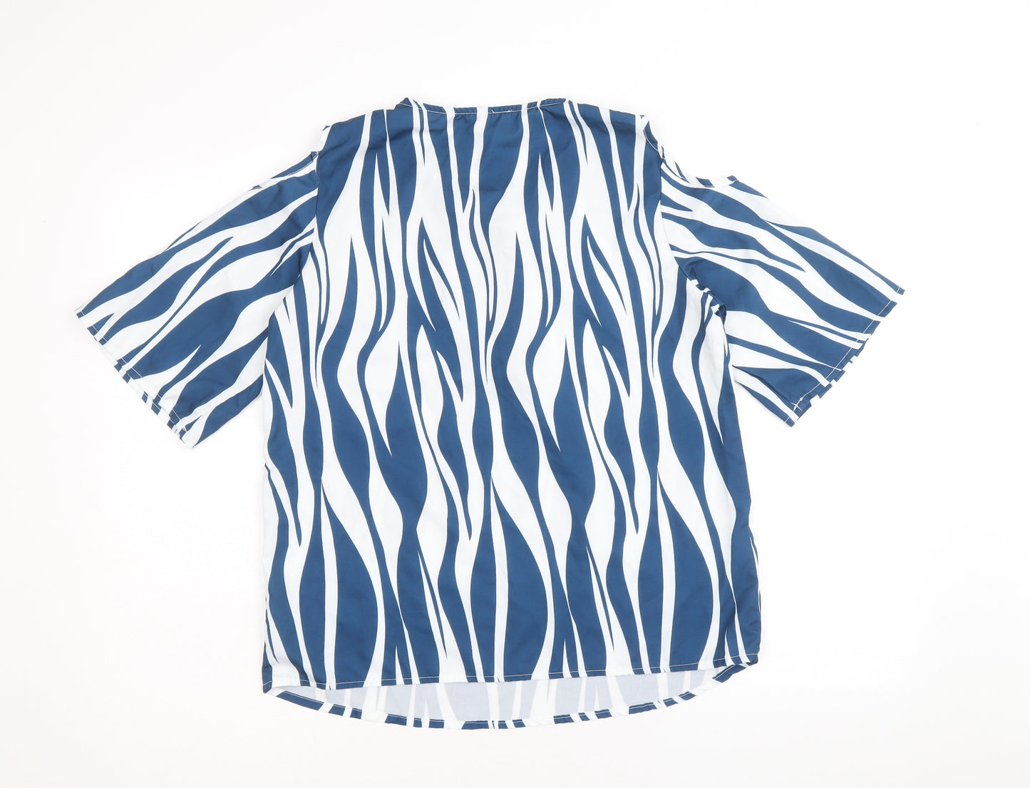 Preworn Womens Blue Geometric Polyester Basic T-Shirt Size S V-Neck - Cold Shoulder